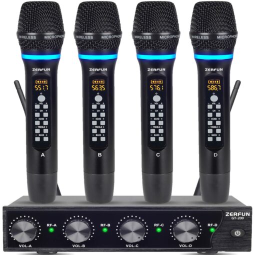 ZERFUN 4 Channel Rechargeable Wireless Microphone System, Pro UHF Metal Handheld Wireless Microphones Cordless Mics with Echo Treble BASS VOL Channel Control for Karaoke Singing Church(GT-200)