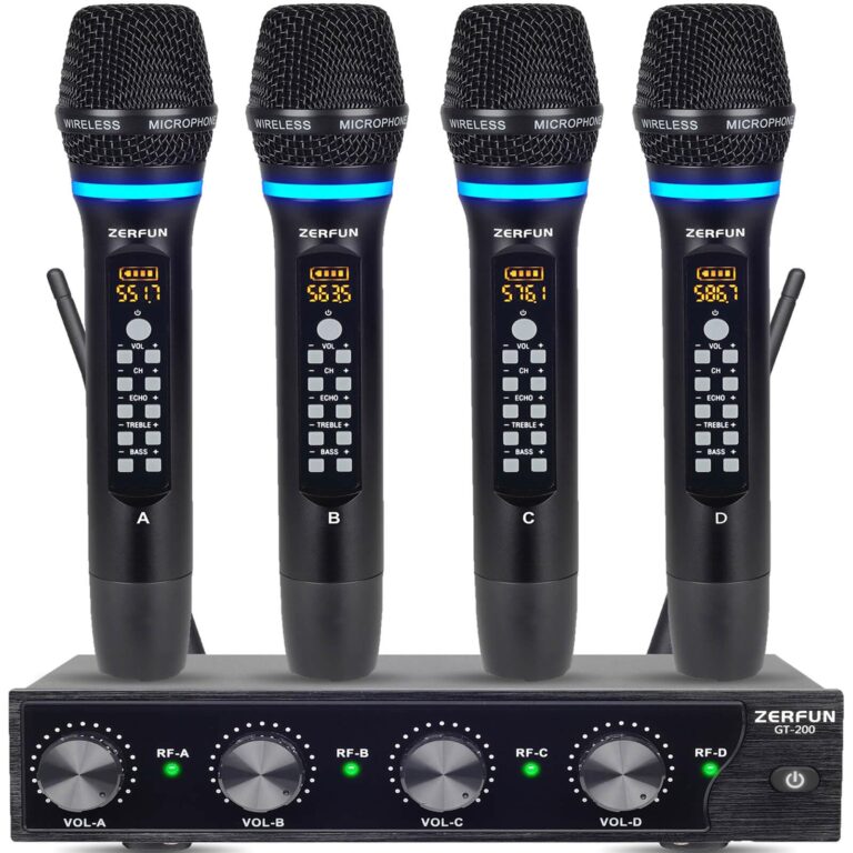 ZERFUN 4 Channel Rechargeable Wireless Microphone System, Pro UHF Metal Handheld Wireless Microphones Cordless Mics with Echo Treble BASS VOL Channel Control for Karaoke Singing Church(GT-200)
