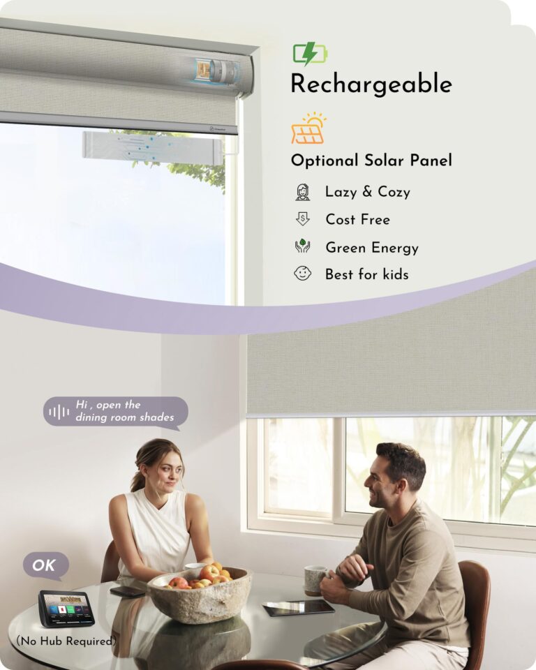 Graywind Smart Blackout Roller Shades Compatible with Alexa Google Triple Weaved Fabric Rechargeable Motorized Blinds Cordless Remote Control Window Shades, Custom Size (Beige White) - Image 6