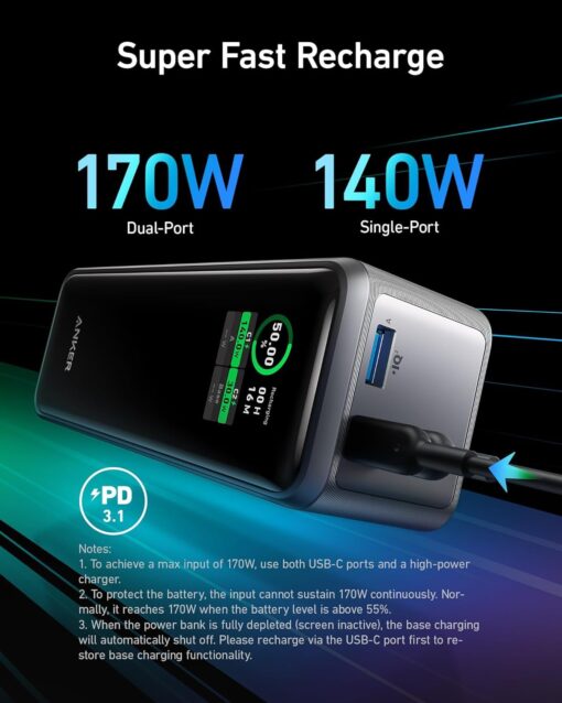 Anker Prime Power Bank, 27,650mAh 3-Port 250W Portable Charger for Travel, TSA-Approved, Smart App, for MacBook Pro/Air, iPhone 16/15/14 Series, Samsung, Laptops, and More (Charging Base Not Included) - Image 4