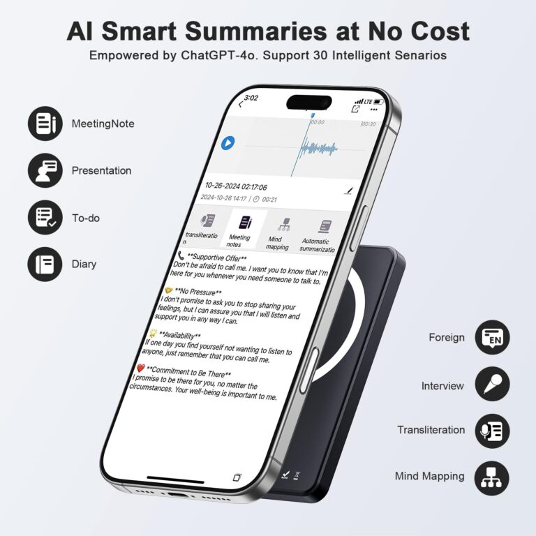 AI Voice Recorder, Digital Voice Recorder App Control, Transcribe & Summarize & Translation Empowered by ChatGPT, Wireless Charging, 107 Languages, 64GB Memory for Lecture, Meeting, Calls, Interview - Image 7