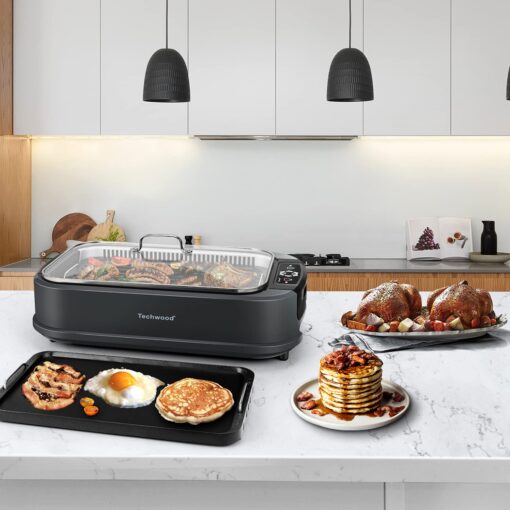 Indoor Smokeless Grill, Techwood 1500W Electric BBQ Grill with Temperature Control, Korean Grill Removable Grill & Griddle Plates, Tempered Glass Lid - Image 2
