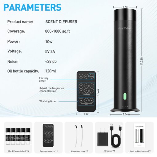 Waterless Scent Diffuser Starter Kit - 800 Sq Ft Coverage, Hotel Scent Diffuser, Essential Oil Diffuser Large Room, Included 5 Scent Oils, Remote Control, Black, 11.20In - Image 2