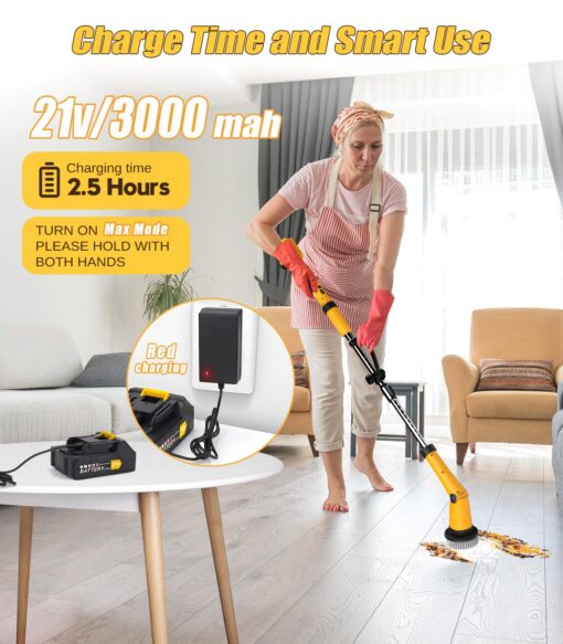 Qimedo Electric Spin Scrubber Extra Large Brush Q3,6000 mAh Best Battery Power Scrubber for Cleaning,1200RPM Shower Cordless Cleaning Brush with 8 Brushes for Bath/Tub/Tile/Floor (Smart Display) - Image 5