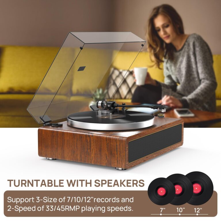 Turntable Record Player with Built-in Speakers, Vinyl Record Player Support Bluetooth Playback Auto Stop 33&45 RPM Speed RCA Line Out AUX in All-in-one Belt-Drive Turntable for Vinyl Records - Image 5