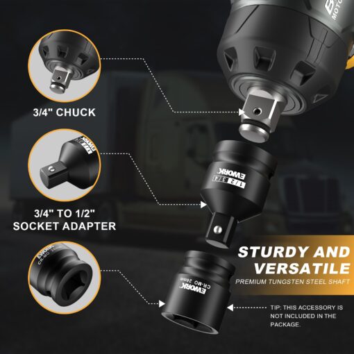 EWORK 3/4 Cordless Impact Wrench Max 1500 Ft-lbs 21V Brushless High Torque 3/4 Impact Gun with 6.0Ah Li-ion Battery, Fast Charger, 3/4" to 1/2 Inch Socket Adapter, Tool Bag (RB-819) - Image 6