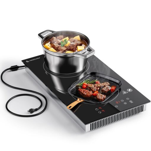AMZCHEF Induction Cooktop 2 Burners, 12 Inch Bulit-in & Countertop Induction Stove with Plug 110V-120V, 9 Power Levels Electric Stove 1800W, Child Lock, Timer, Touch Control for Fast Cooking