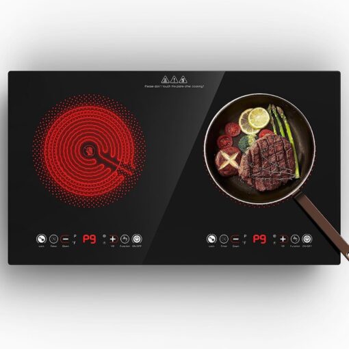 Electric Cooktop, 24 Inch 2 Burner Electric Cooktop 110V, Built-in and Countertop Electric Stove Top Plug in, 2400W Electric Stove, Compatible for All Cookware,Timer & Kid Safety Lock