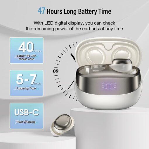 DUSONLAP Sleep Earbuds Bluetooth 5.4 in Ear Light-Weight Headphones, Mini Sleep Headphones Small Design for Side Sleepers, 47H Playtime with Charging Case, Clear Calls Earphones, Warm White - Image 4
