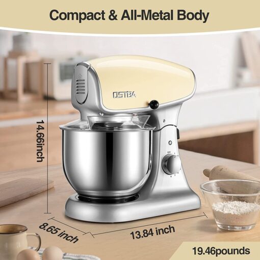 OSTBA Die-Cast Stand Mixer, 8 Speeds, 600W, 5.5Qt Tilt-Head, Stainless Steel Bowl, Dishwasher Safe, Dough Hook, Egg Whisk, Mixer Beater, Splash Guard, Almond Cream - Image 4