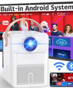 Smart Projector 4K Android System, 15000Lm Mini Projector with WiFi and Bluetooth, 4K Outdoor Projector Max 300” Digital ±45° 4D Keystone Zoom Support, Compatible with Phone, TV Stick, Game, USB