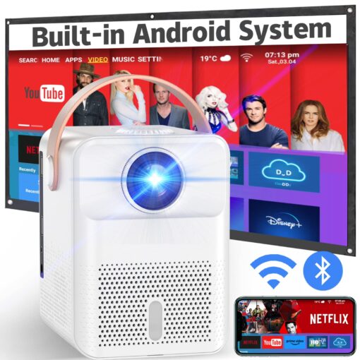 Smart Projector 4K Android System, 15000Lm Mini Projector with WiFi and Bluetooth, 4K Outdoor Projector Max 300” Digital ±45° 4D Keystone Zoom Support, Compatible with Phone, TV Stick, Game, USB