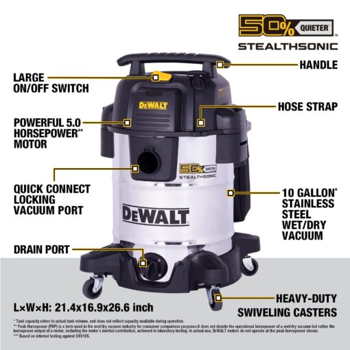 DEWALT 10 Gallon STEALTHSONIC Wet and Dry Shop Vacuum, Ultra Quiet Heavy Duty With Attachments, Powerful Outdoor Vac for Car, Garage, Workshop, Jobsite, Patio, DXV10S-QT, 5 Peak HP - Image 4