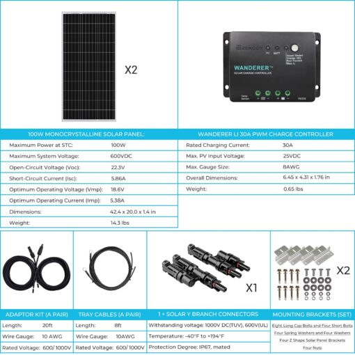 Renogy 200 Watt 12 Volt Monocrystalline Solar Panel Starter Kit with 2 Pcs 100W Solar Panel and 30A PWM Charge Controller for RV, Boats, Trailer, Camper, Marine ,Off-Grid System - Image 4