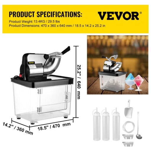 VEVOR 110V Commercial Ice Crusher 661LBS/H, ETL Approved 300W Electric Snow Cone Machine with Dual Blades, Stainless Steel Shaved Ice Machine with Safety On/Off Switch for Family, Restaurants, Bars - Image 8