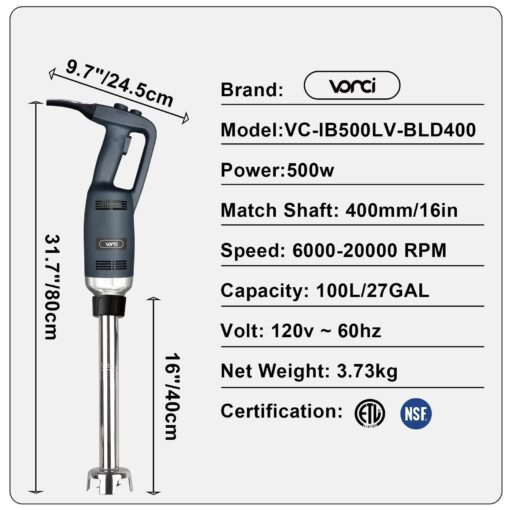 VONCI 500W Commercial Immersion Blender, 16" SUS 304 Removable Shaft, Heavy Duty Power Hand Mixer with Variable Speed 6000-20000RPM, Professional Electric Stick Blender for Restaurant Kitchen Use. - Image 6