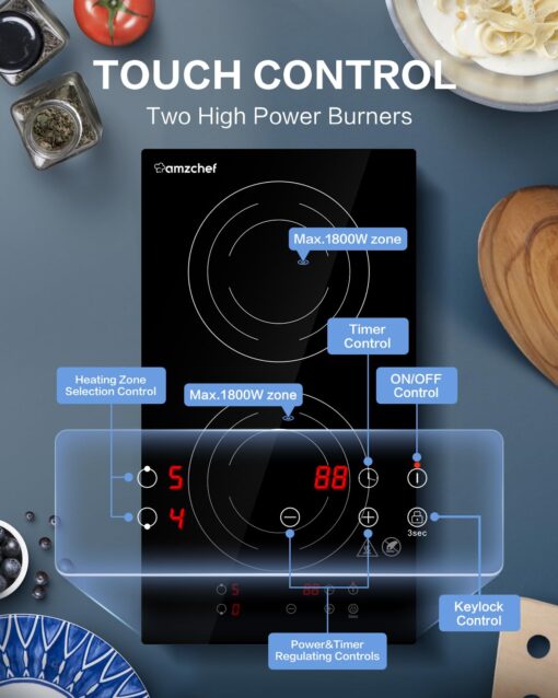 AMZCHEF Induction Cooktop 2 Burners, 12 Inch Bulit-in & Countertop Induction Stove with Plug 110V-120V, 9 Power Levels Electric Stove 1800W, Child Lock, Timer, Touch Control for Fast Cooking - Image 6
