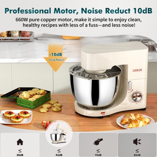 COOKLEE Stand Mixer, 9.5 Qt. 660W Electric Kitchen Mixer with Dishwasher-Safe Dough Hooks, Flat Beaters, Wire Whip & Pouring Shield Attachments for Most Home Cooks, White - Image 2