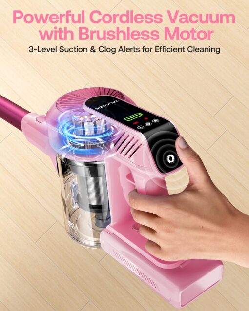 Cordless Vacuum Cleaner, 40Kpa 45Mins Vacuum Cleaners for Home, 8-in-1 Lightweight Stick Vacuum with Powerful Suction, Anti-tangle Wireless Vacuum for Carpet, Tile, Pet Hair, Hardwood Floors, Pink - Image 5