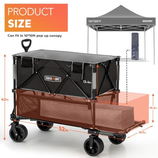 Overmont 400L Foldable Double Decker Wagon - Large Capacity Collapsible Wagon Cart- 52" Extra Long Extender - All-Terrain Big Wheels for Camping, Football Game, Sports Events, Support Up to 450lbs - Image 2