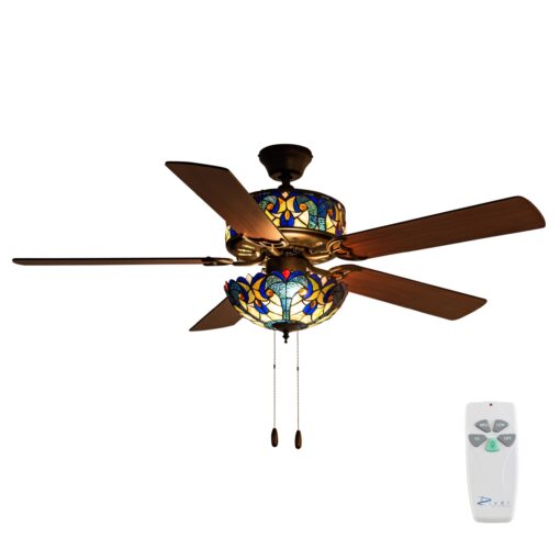 RIVER OF GOODS 52 Inch LED Stained Glass Ceiling Fan With Remote - Double-Lit Ceiling Fans With Lights - Unique Lighting & Ceiling Fans - Charming Antique Ceiling Fan Light Fixture - Halston - Blue - Image 5