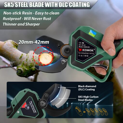 KOMOK Electric Pruning Shears, Professional Cordless Electric Pruners Battery Powered Tree Branch Cutter with 2 Rechargeable 2 Ah Lithium Batteries, 1.65" (42mm) Cutting Diameter 8-10 Working Hours - Image 7