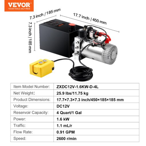 VEVOR Hydraulic Pump, 4 Quart Hydraulic Power Unit, Single Acting Dump Trailer Pump, 0.91 GPM Flow Rate, 3200 PSI Max Relief Pressure, DC 12V Hydraulic Pump for Dump Trailer Car Lifting - Image 4