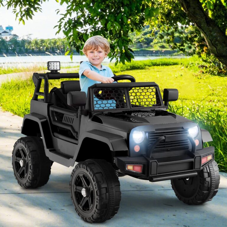 OLAKIDS Kids Ride On Truck, 12V Electric Vehicle Jeep Car with Remote Control, Toddlers Battery Powered Toy with 2 Speeds, Spring Suspension, Double Open Doors, LED Lights, Music, TF, USB, Mp3 (Black) - Image 9