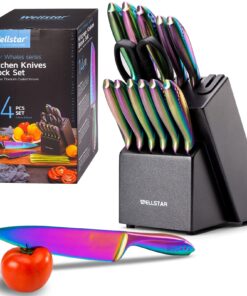 WELLSTAR Rainbow Knife Set 14 Pieces, Iridescent German Stainless Steel Kitchen Knives Set with Wooden Block, Colorful Titanium Coating, Chef’s Knife Block Set with Scissors and Built-in Sharpener