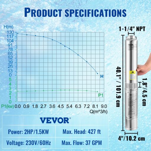 VEVOR Deep Well Submersible Pump, 2HP 230V/60Hz, 37GPM 427 ft Head, with 33 ft Cord & External Control Box, 4 inch Stainless Steel Water Pumps for Industrial, Irrigation and Home Use, IP68 Waterproof - Image 4