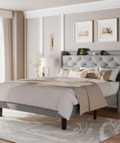 Feonase Full Size Bed Frame with Luxury Wingback and Fast Charging Station,Full Upholstered Button Tufted Storage Headboard Platform Bed,Sturdy Wooden Slats Support,Noise-Free,Easy Assembly,Light Gray