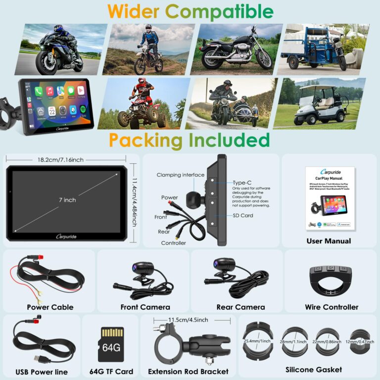 Carpuride W712D Motorcycle Carplay Screen with HD 1080P Dual Dash Cam, Wireless Car Play and Android Auto, 7" Waterproof Rotatable Navigation Touchscreen, Loop Recording, Bluetooth, Wired Controller - Image 2