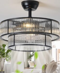YADZSLY Black Fandelier Ceiling Fans with Lights, 20" Black Crystal Chandelier Ceiling Fan with Light Remote Control, Caged Mid Century with 6 Speeds for Bedroom, Living Room, Nursery