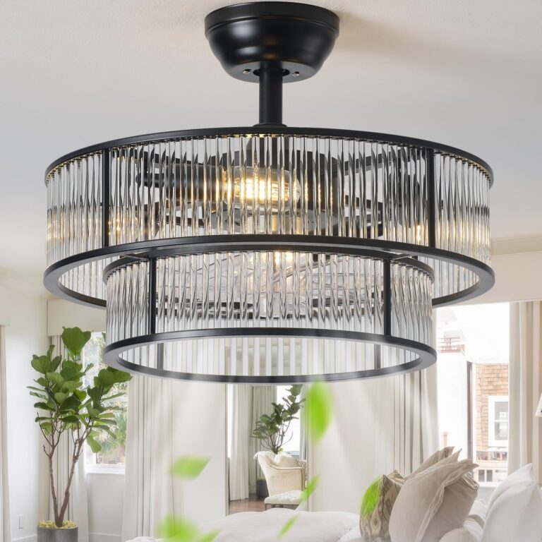 YADZSLY Black Fandelier Ceiling Fans with Lights, 20" Black Crystal Chandelier Ceiling Fan with Light Remote Control, Caged Mid Century with 6 Speeds for Bedroom, Living Room, Nursery