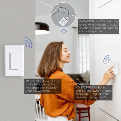 RunLessWire 3-Way Remote Light Switch Kit Wireless Battery-Free Self-Powered Kinetic DIY Wall Switch 150ft RF Range - 3 Way: 1 On/Off Receiver, 2 Switches - White - Image 7