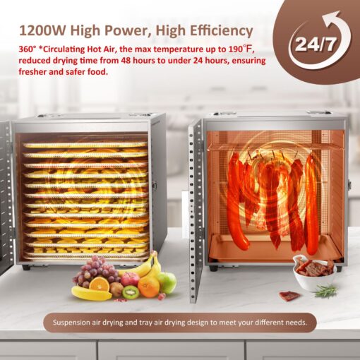 Ausegia Commercial Large 12 Trays Food Dehydrator, Usable Area up to 22.67ft², 1200W Full Stainless Steel Dryer Machine, up to 190℉ Temperature, for Meat, Fruit, Veggies, Beef, Herbs, Pet Foods - Image 9