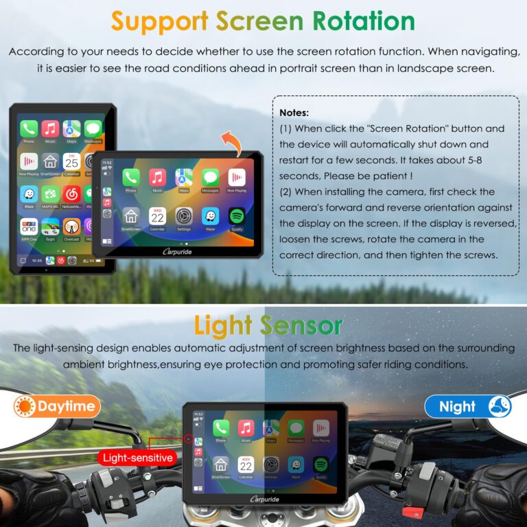Carpuride W712D Motorcycle Carplay Screen with HD 1080P Dual Dash Cam, Wireless Car Play and Android Auto, 7" Waterproof Rotatable Navigation Touchscreen, Loop Recording, Bluetooth, Wired Controller - Image 6