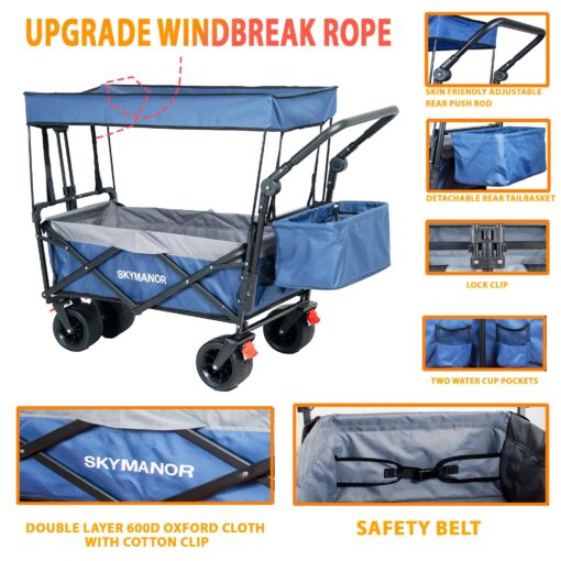 SKYMANOR Collapsible Wagon Folding Garden Cart with Removable Canopy Utility Heavy Duty Wagon Cart with All-Terrain Wheel Storage 4 Brake for Camping Shopping (Upgraded Canopy-Gray-Blue Splicing) - Image 5