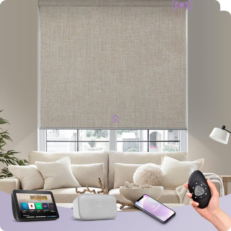 Graywind Motorized Roller Shades Compatible with Alexa Google Smart Blackout Shades with Remote Triple Weaved Fabric Window Blinds with Valance for Smart Home Office, Customized Size (Light Coffee)