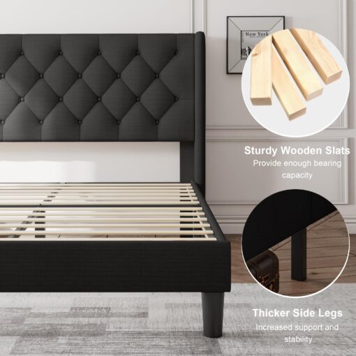 Feonase Full Size Bed Frame with Upholstered Wingback Headboard,Button Tufted Platform Bed and Heavy Duty Wooden Slats Support,Easy Assembly, Noise-Free,No Box Spring Needed, Black - Image 4
