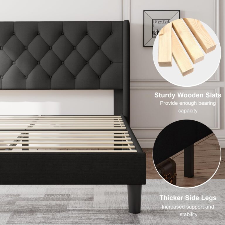 Feonase Full Size Bed Frame with Upholstered Wingback Headboard,Button Tufted Platform Bed and Heavy Duty Wooden Slats Support,Easy Assembly, Noise-Free,No Box Spring Needed, Black - Image 4