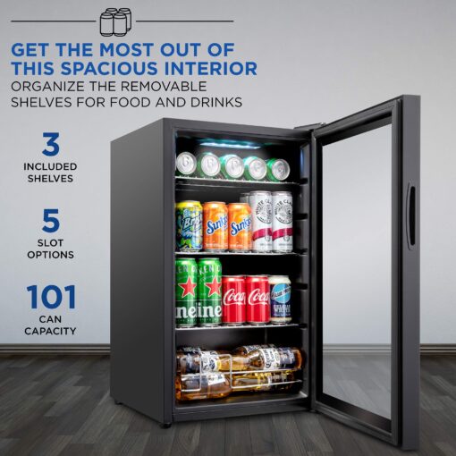 Ivation 101 Can Beverage Refrigerator | Freestanding Ultra Cool Mini Drink Fridge | Beer, Cocktails, Soda, Juice Cooler for Home & Office | Reversible Glass Door & Adjustable Shelving - Black - Image 5