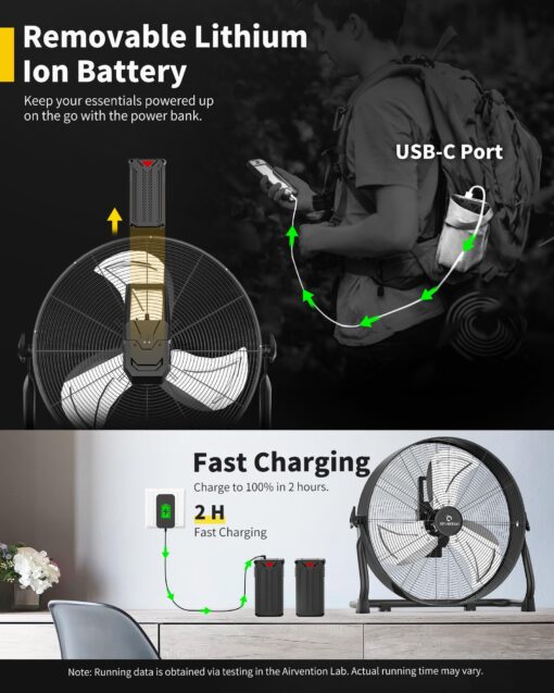 Airvention 15600mAh Rechargeable Battery Operated Drum Fan,16 inch Black Industrial High Velocity Floor Fan, Camping Fan for Gym Garage Outdoor Indoor, AI-F601 - Image 6
