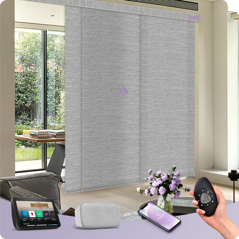 Graywind Motorized Sliding Panel Blinds Light Filtering Compatible with Alexa Google Smart Custom Panel Track Blinds Remote Control for Patio Sliding Door (Dimout Jacquard Grey)
