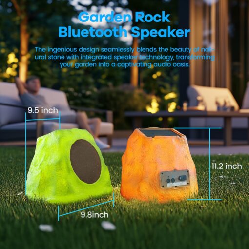 Outdoor Rock Speaker 60W Deep Bass Multi-Sync up to 100 Speakers Auto-Pairing, IPX7 Waterproof Solar-Powered with LED Lights Perfect for Pool, Garden, Patio, Ideal for Music Entertainers - 2 Pack - Image 6