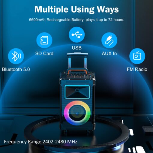 JYX Karaoke Machine, 10" Woofer Big Bluetooth Karaoke Speaker, Portable Microphone Speaker with 2 Wireless Mics, Party Lights, Supports Vocal Cut, TWS/Bluetooth/REC/USB/TF/AUX - Image 8