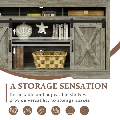 RoyalCraft Farmhouse TV Stand with Sliding Barn Door for TVs up to 65+ Inch, 34" Tall Entertainment Center, Wood Media Console Storage Cabinet for Bedroom, Living Room, Light Grey - Image 7