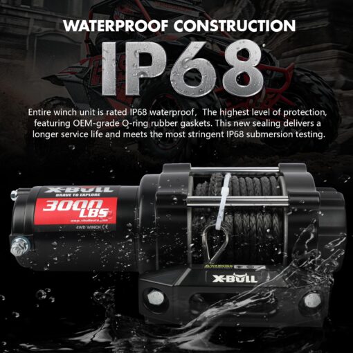 X-BULL New 12V DC 3000LBS IP68 Waterproof Electric Winch for Towing ATV/UTV, Boat, Off Road, Wireless Remote and Corded Control Recovery, Portable Synthetic Rope Electric Winch with Hawse Fairlead. - Image 4