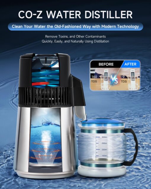 CO-Z Water Distiller for Home, 1350W 4L Distilled Water Machine for CPAP Machine with Control Panel & Glass Container, 1.1 Gal. Stainless Steel Water Distilling Equipment with Essential Oil Wine Modes - Image 9