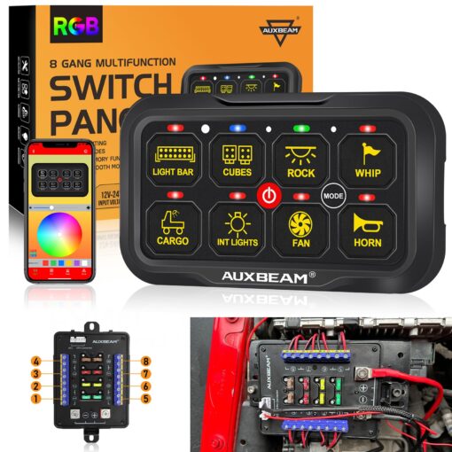 Auxbeam RGB Bluetooth 8 Gang Switch Panel AR-820 Toggle Momentary Pulsed Switch Pod for Truck UTV Offroad Boat Auxiliary LED Light Controller with Circuit Relay System Box Waterproof, 2-Year Warranty